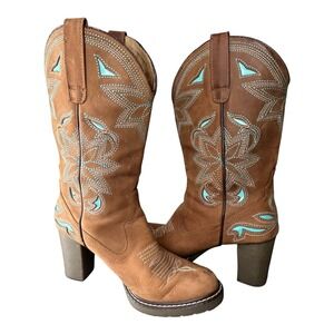 Roper Tan Leather Embroidered Platform Cowboy Boots Turquoise Womens Size 7